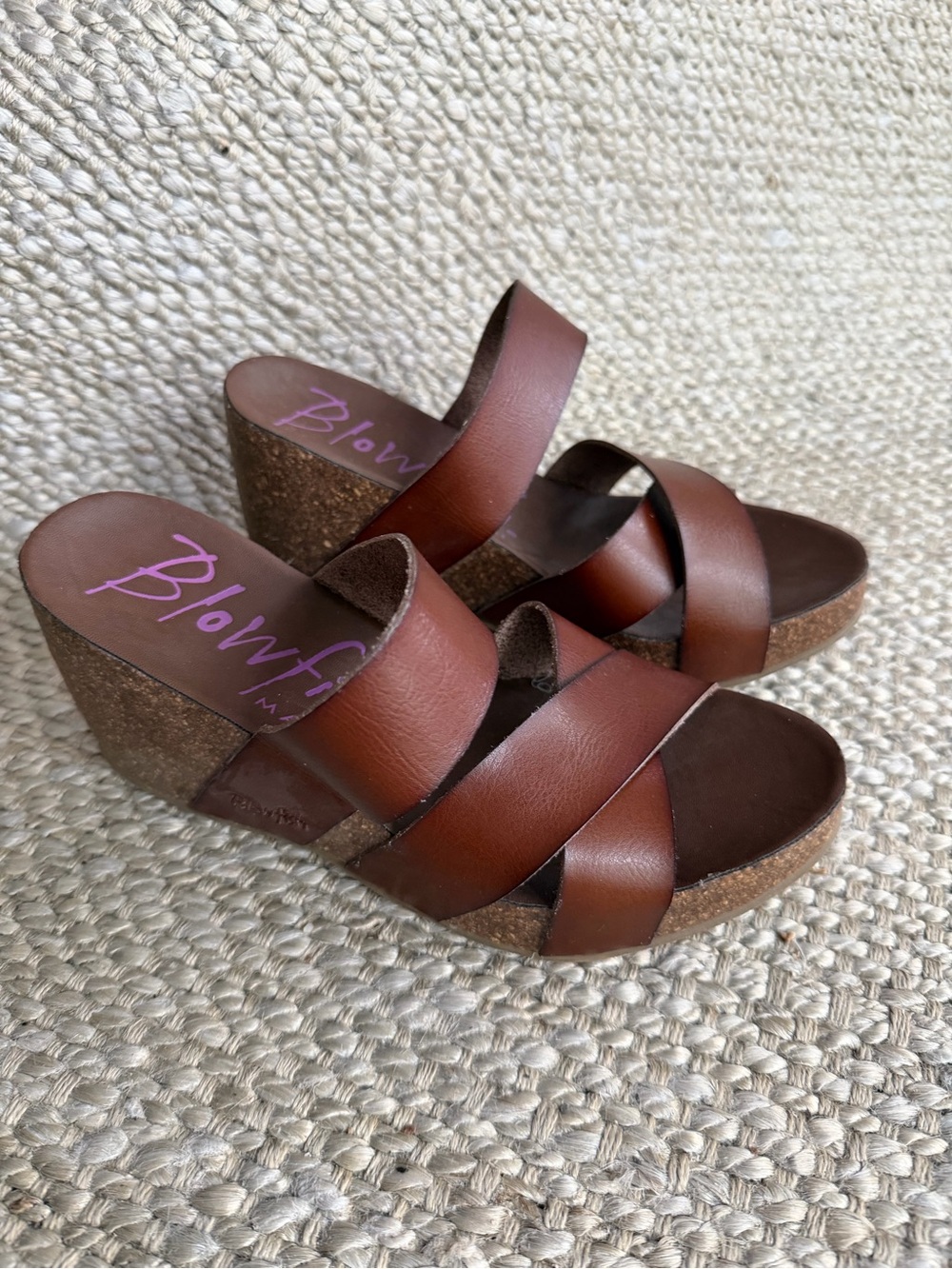 Blowfish Brown Leather Cross-Strap Cork Wedges